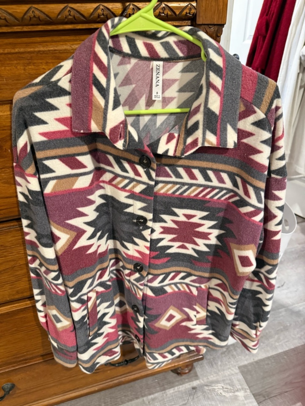 Aztec Fleece Button-Up Jacket in Burgundy, Gray & Cream